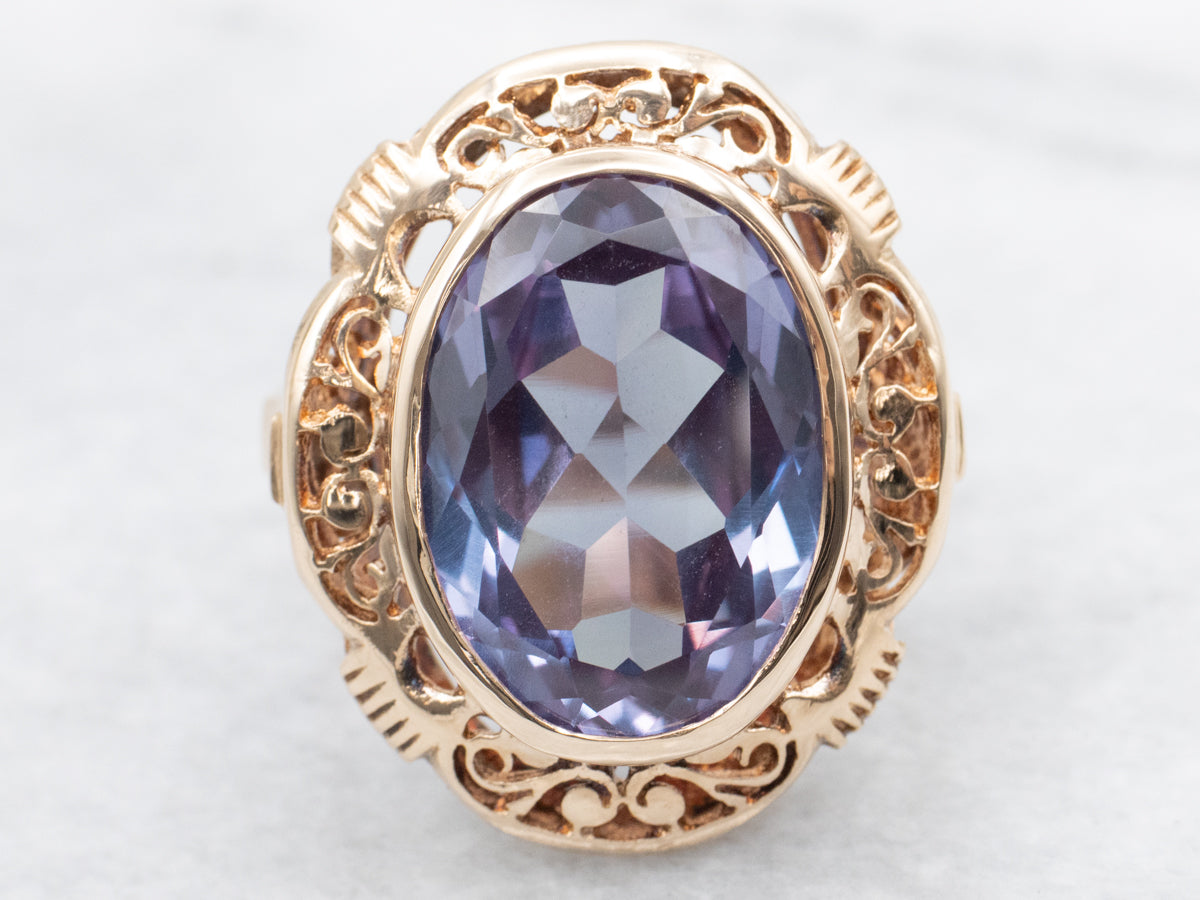 Ornate Gold Filigree Ring with Synthetic Alexandrite Center
