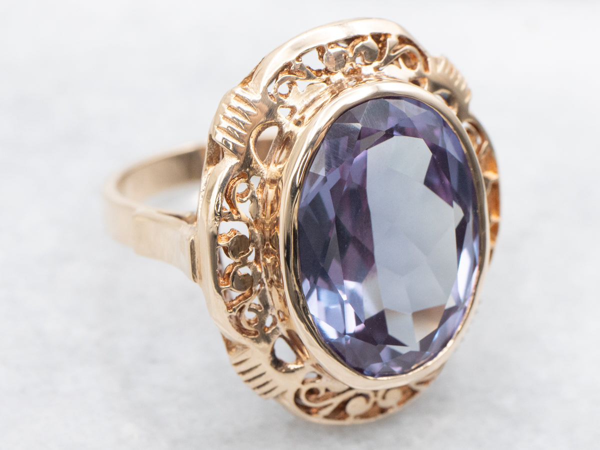 Ornate Gold Filigree Ring with Synthetic Alexandrite Center