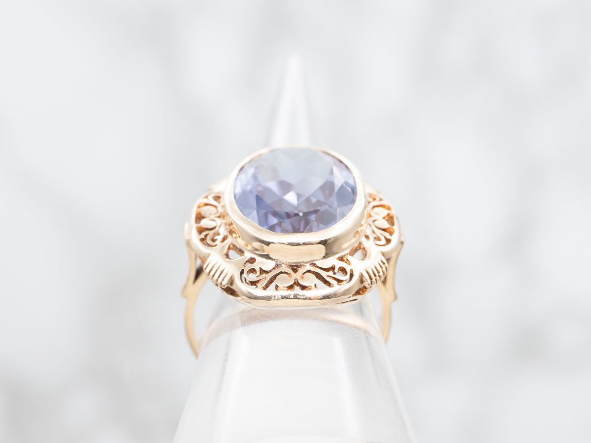 Ornate Gold Filigree Ring with Synthetic Alexandrite Center