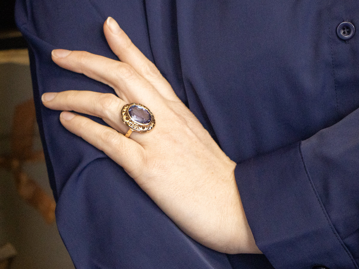 Ornate Gold Filigree Ring with Synthetic Alexandrite Center