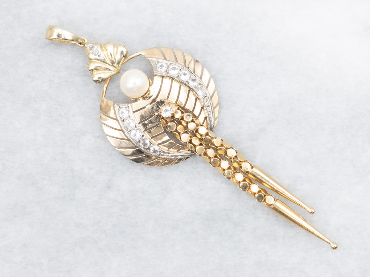 Retro Pearl Diamond and Synthetic Spinel Tassel Pendant