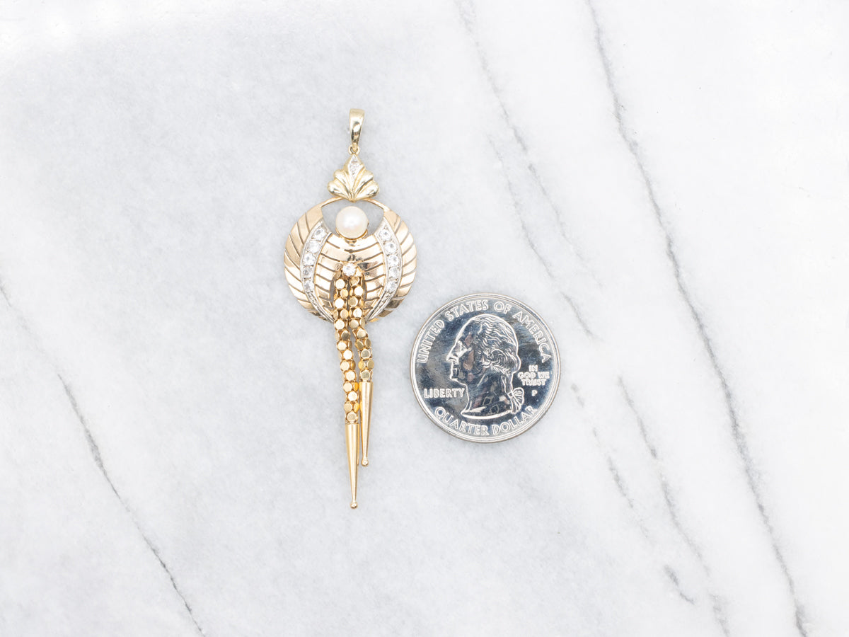 Retro Pearl Diamond and Synthetic Spinel Tassel Pendant