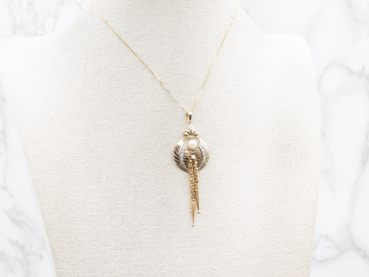 Retro Pearl Diamond and Synthetic Spinel Tassel Pendant