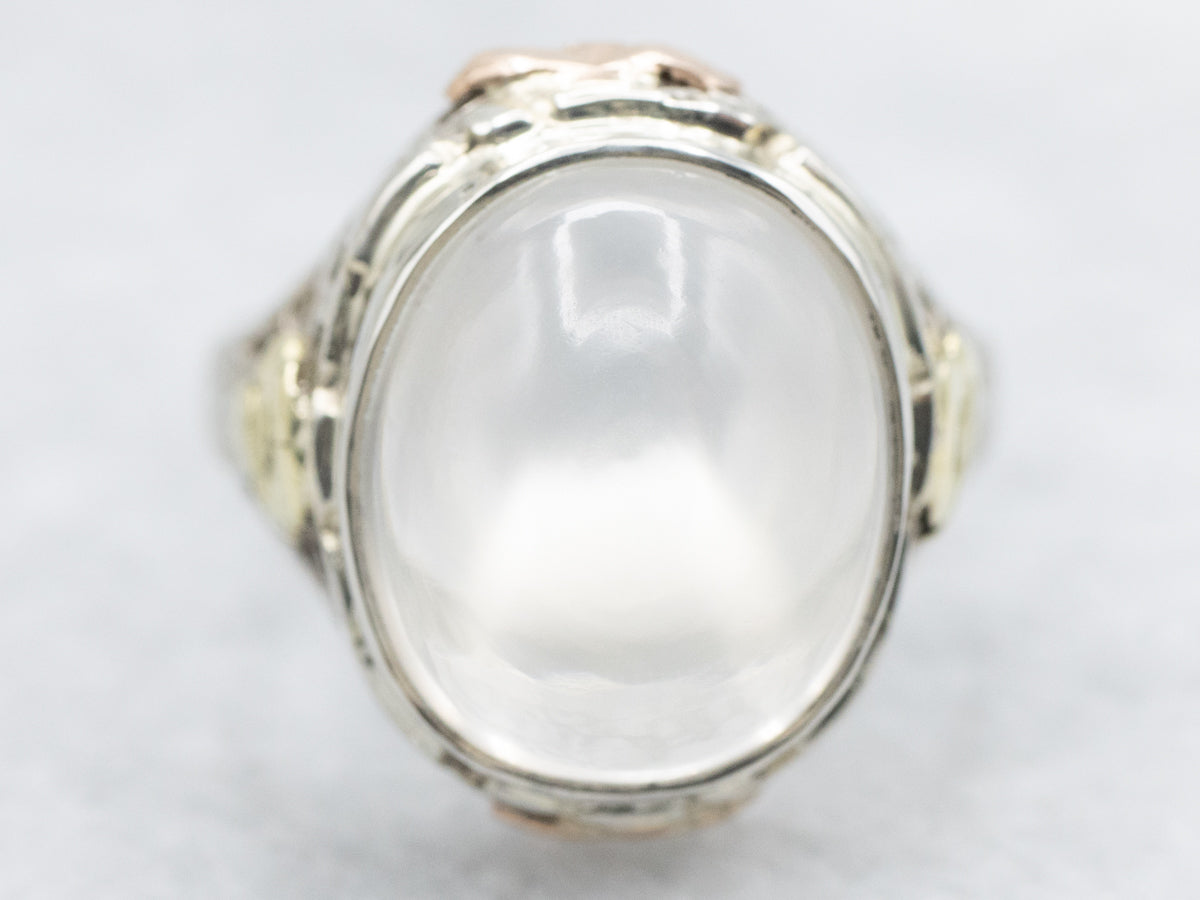 Floral Art Deco Moonstone Solitaire Ring