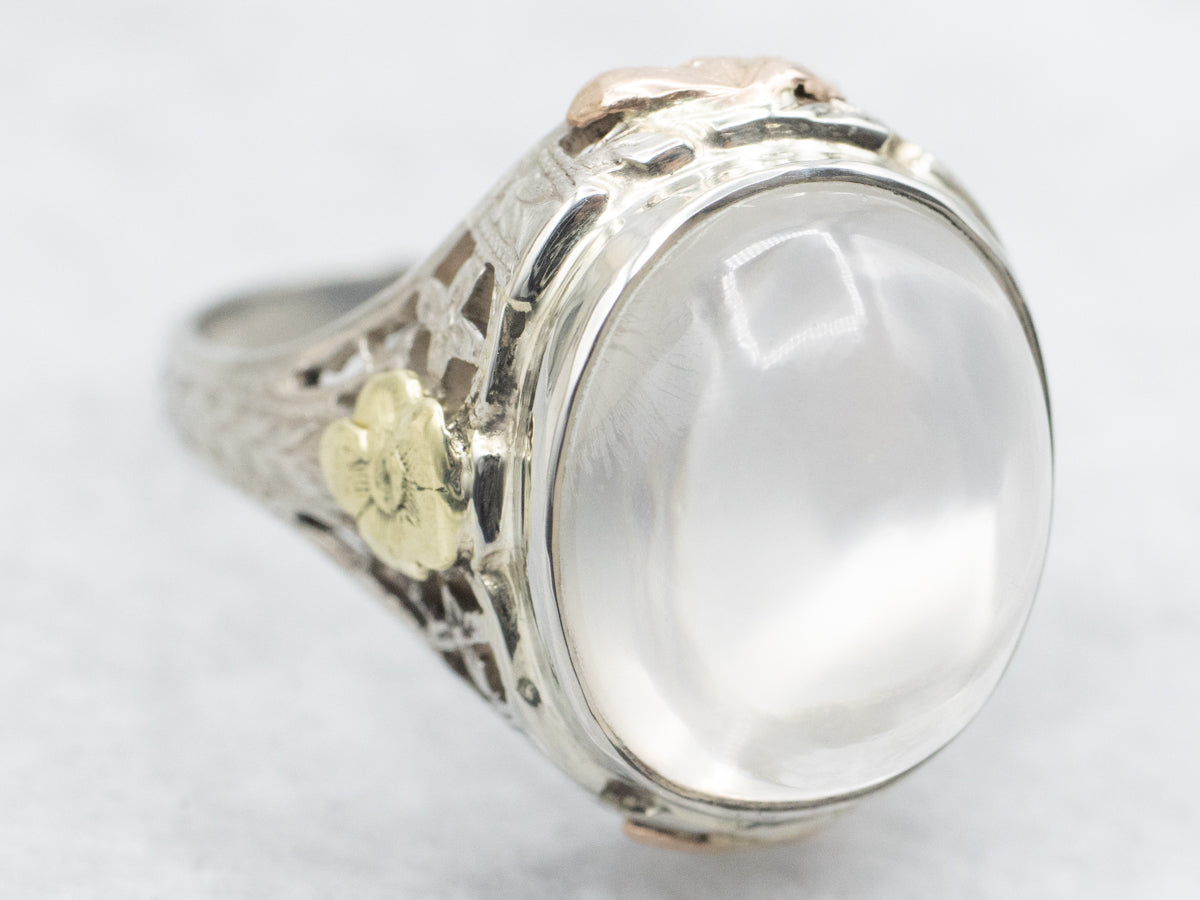 Floral Art Deco Moonstone Solitaire Ring