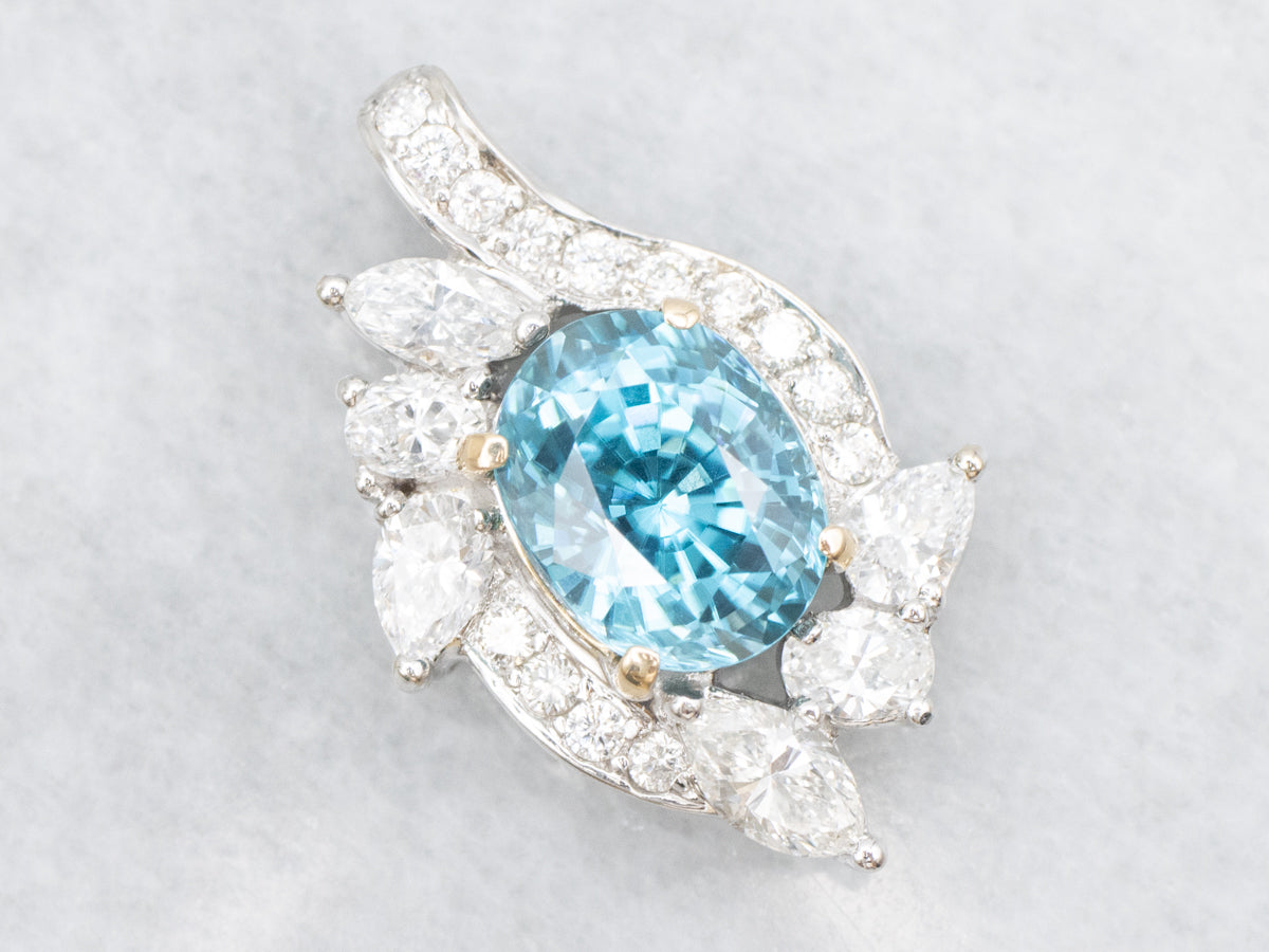 Bright Gold Blue Zircon and Diamond Pendant