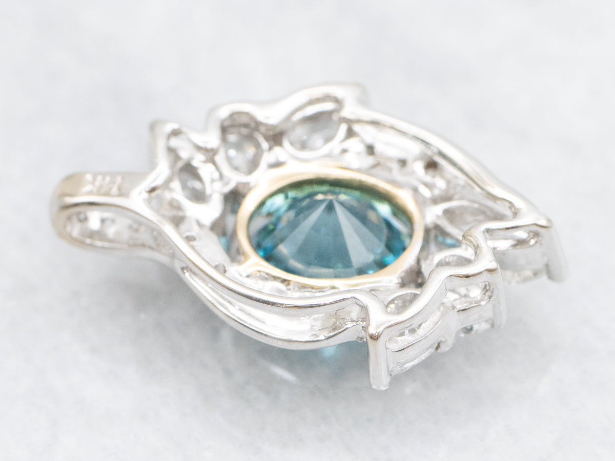 Bright Gold Blue Zircon and Diamond Pendant