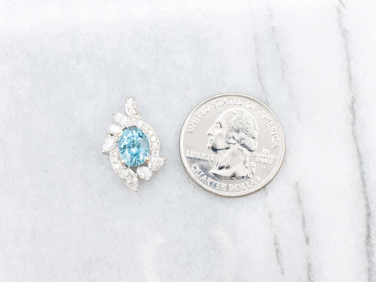 Bright Gold Blue Zircon and Diamond Pendant