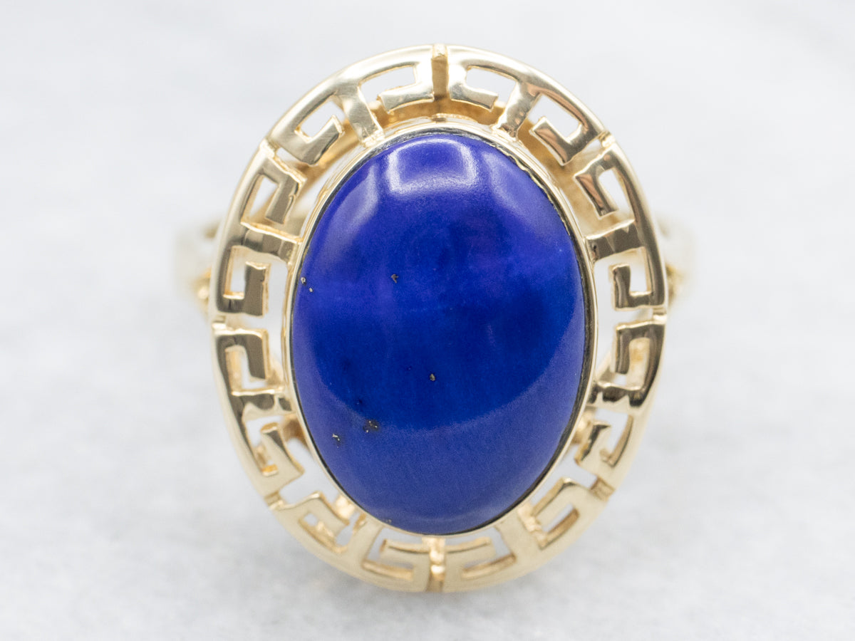 Gold Lapis Lazuli Cabochon Ring with Greek Key Edge