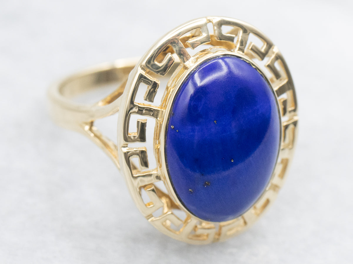 Gold Lapis Lazuli Cabochon Ring with Greek Key Edge
