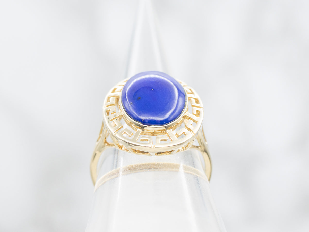 Gold Lapis Lazuli Cabochon Ring with Greek Key Edge