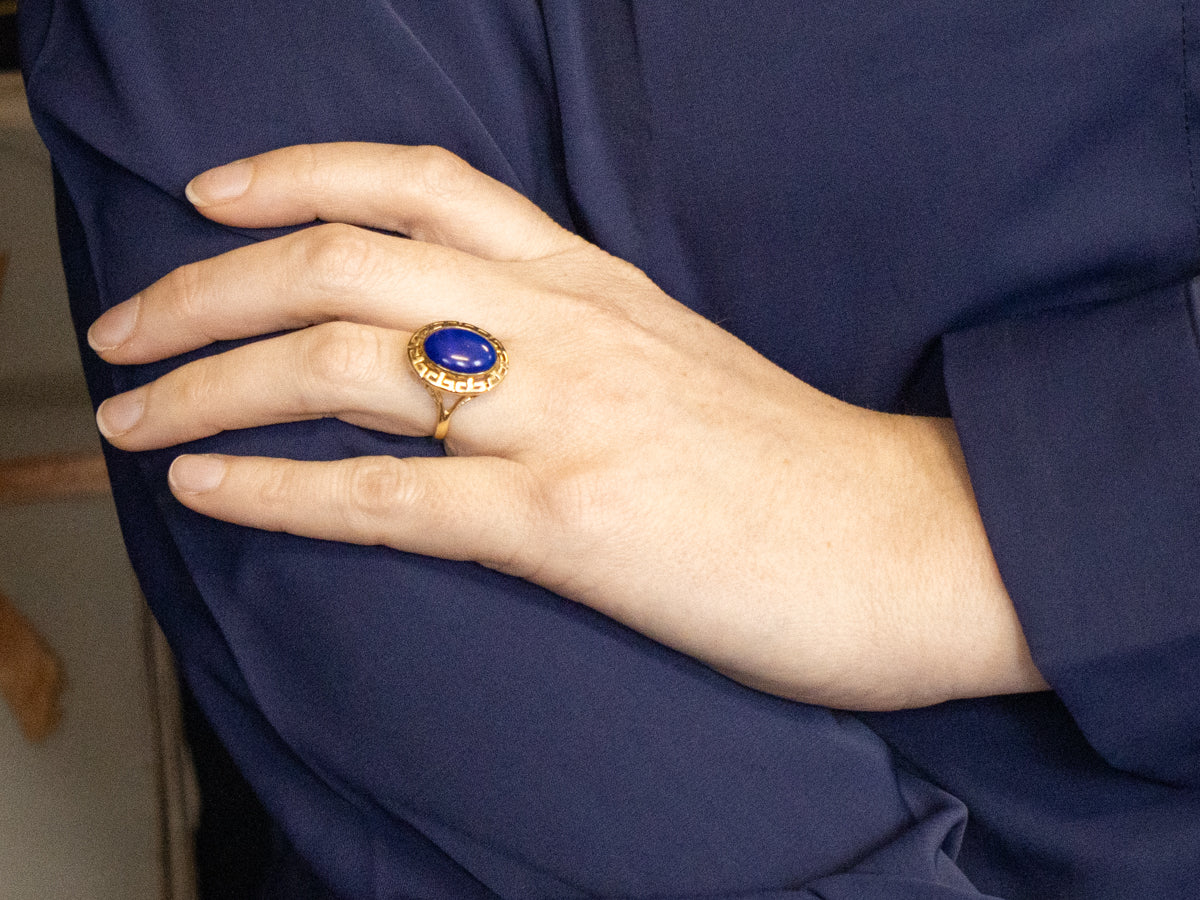 Gold Lapis Lazuli Cabochon Ring with Greek Key Edge