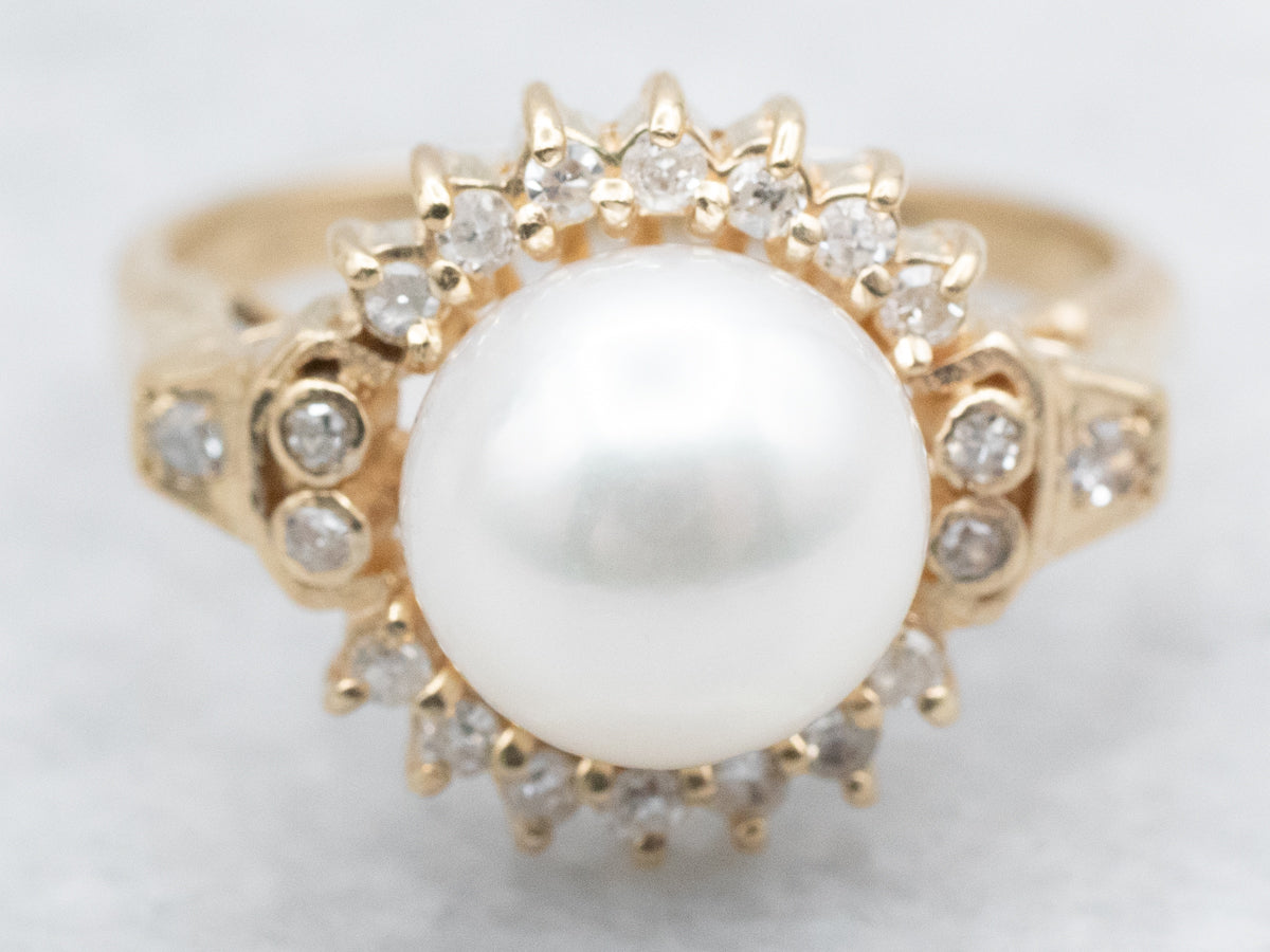 Gold Pearl and Diamond Halo Ring