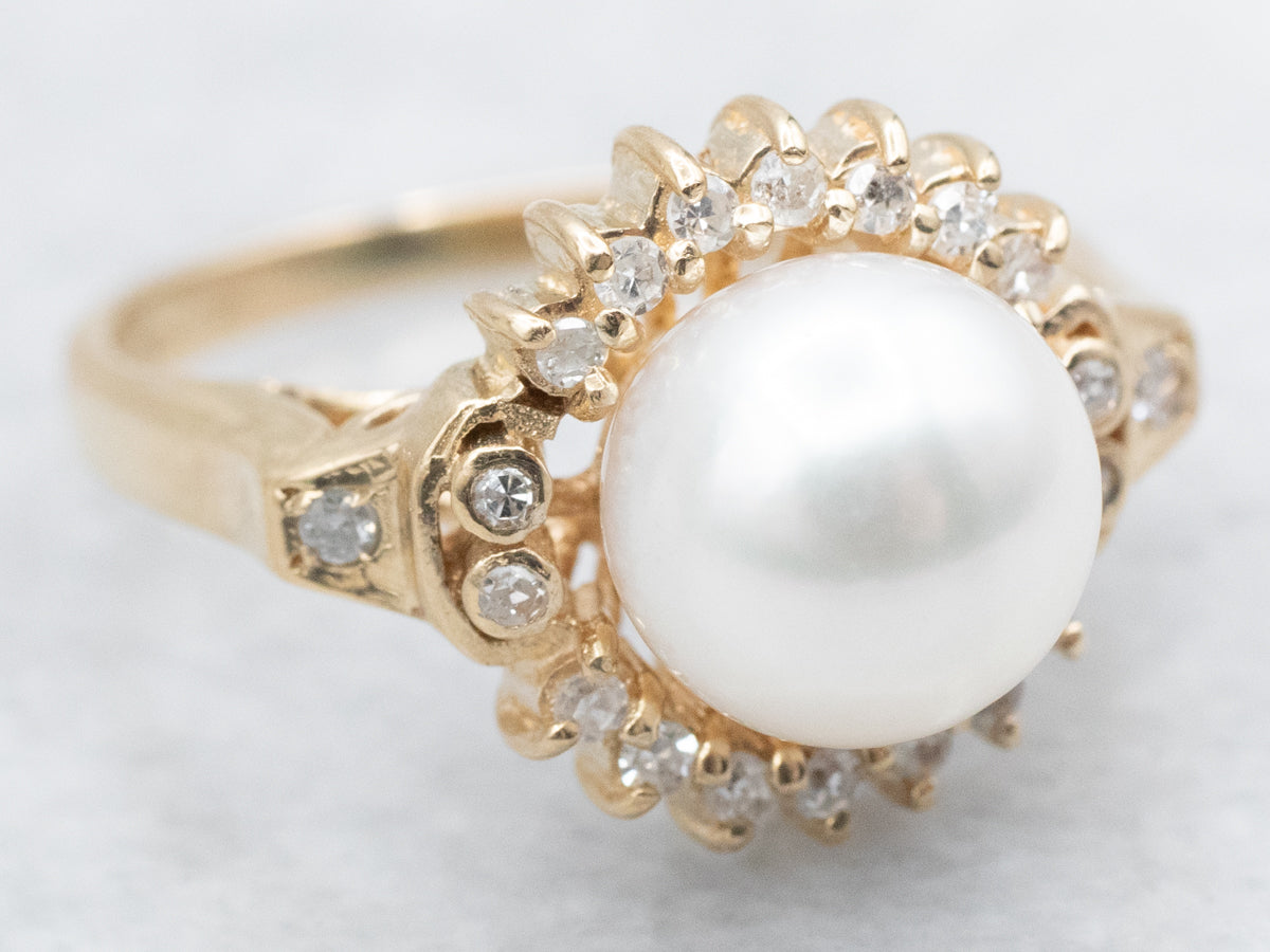 Gold Pearl and Diamond Halo Ring