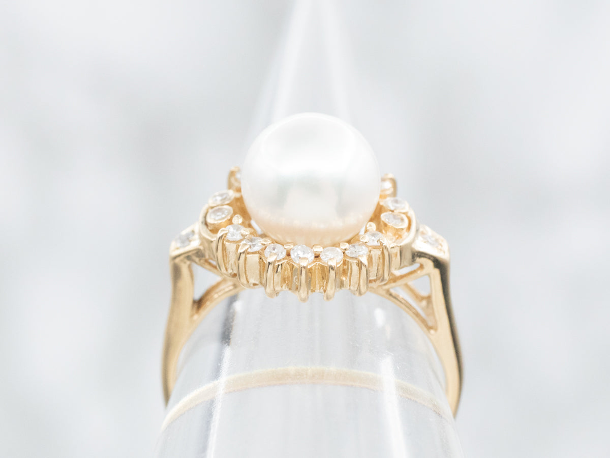 Gold Pearl and Diamond Halo Ring