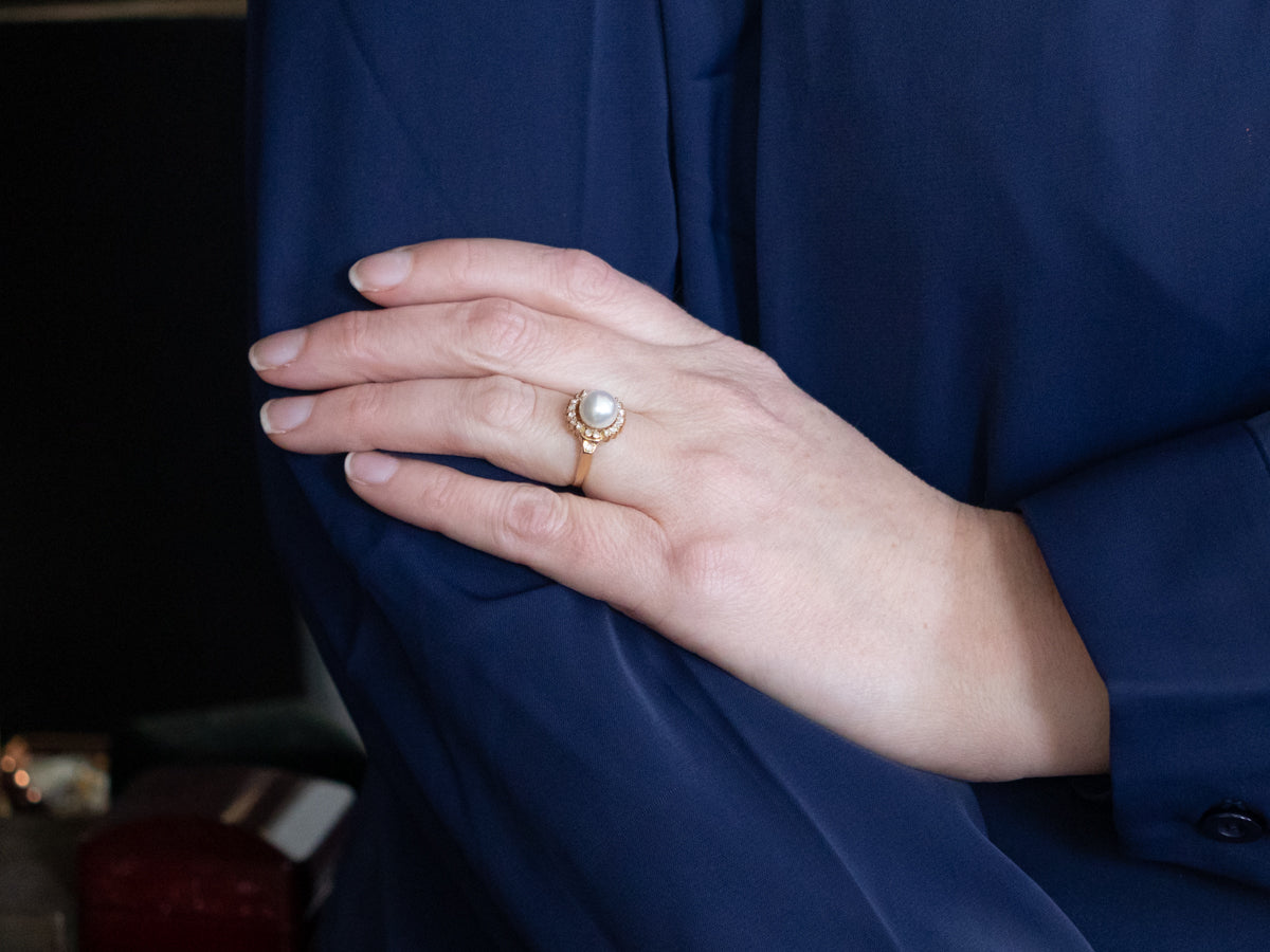 Gold Pearl and Diamond Halo Ring