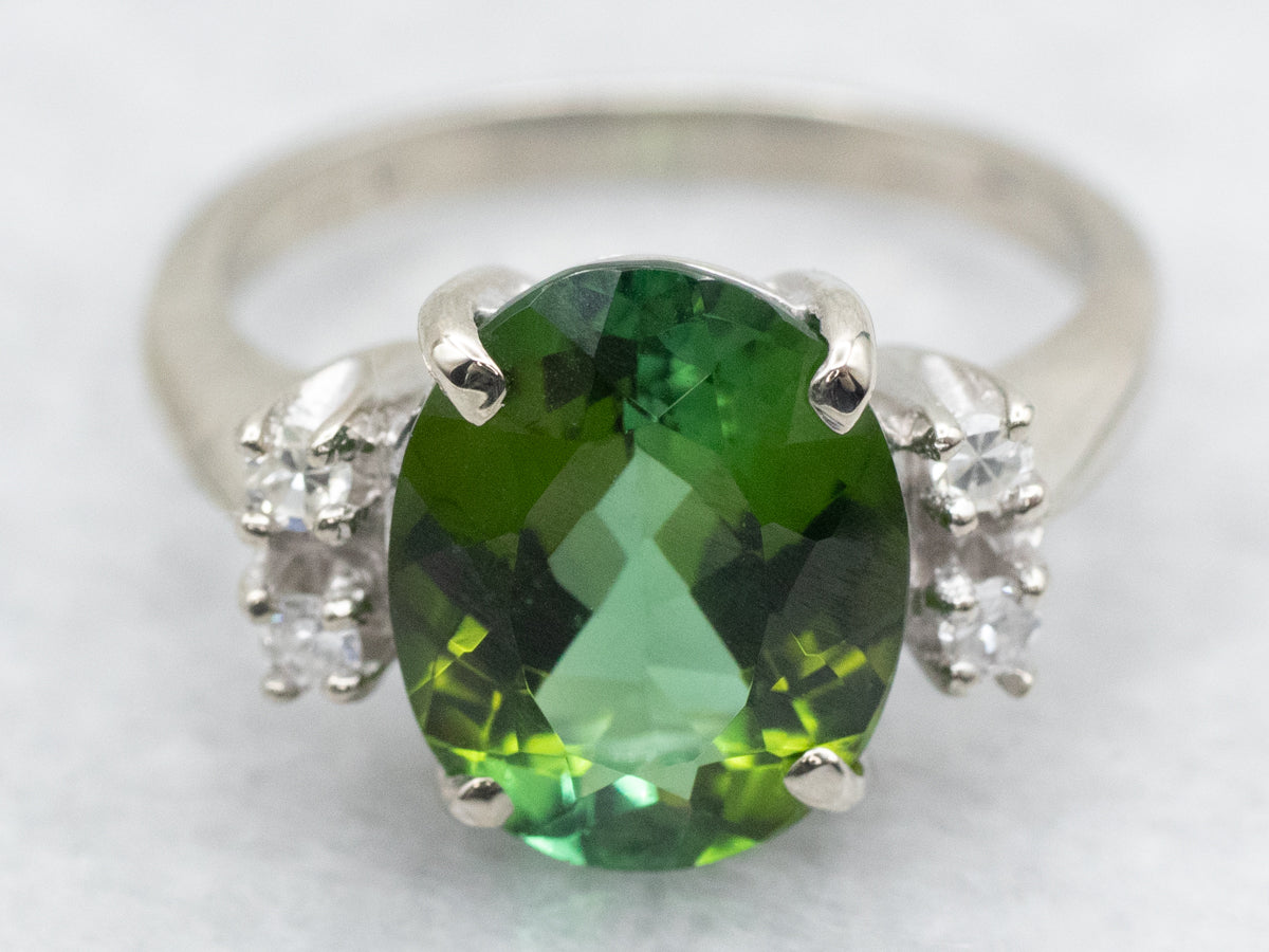 Green Tourmaline and Diamond Ring in White Gold
