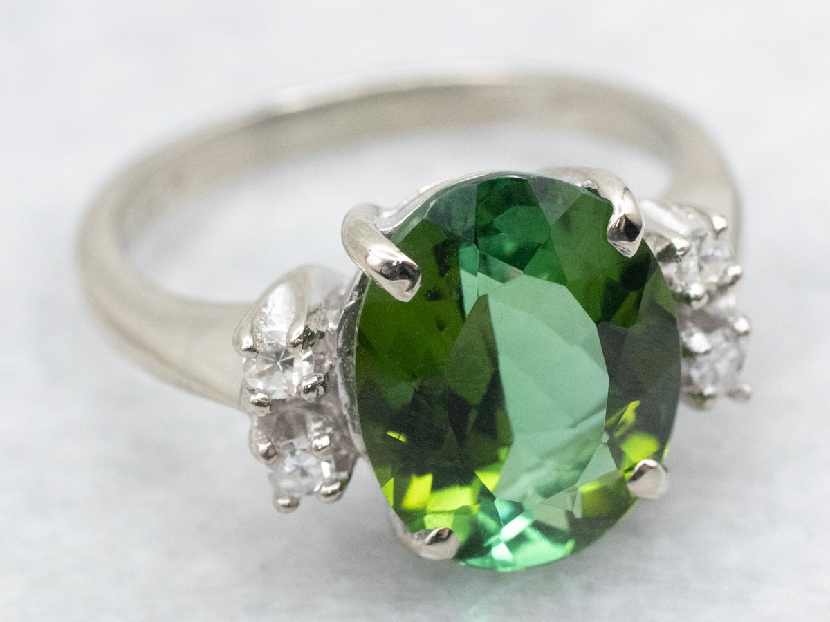 Green Tourmaline and Diamond Ring in White Gold