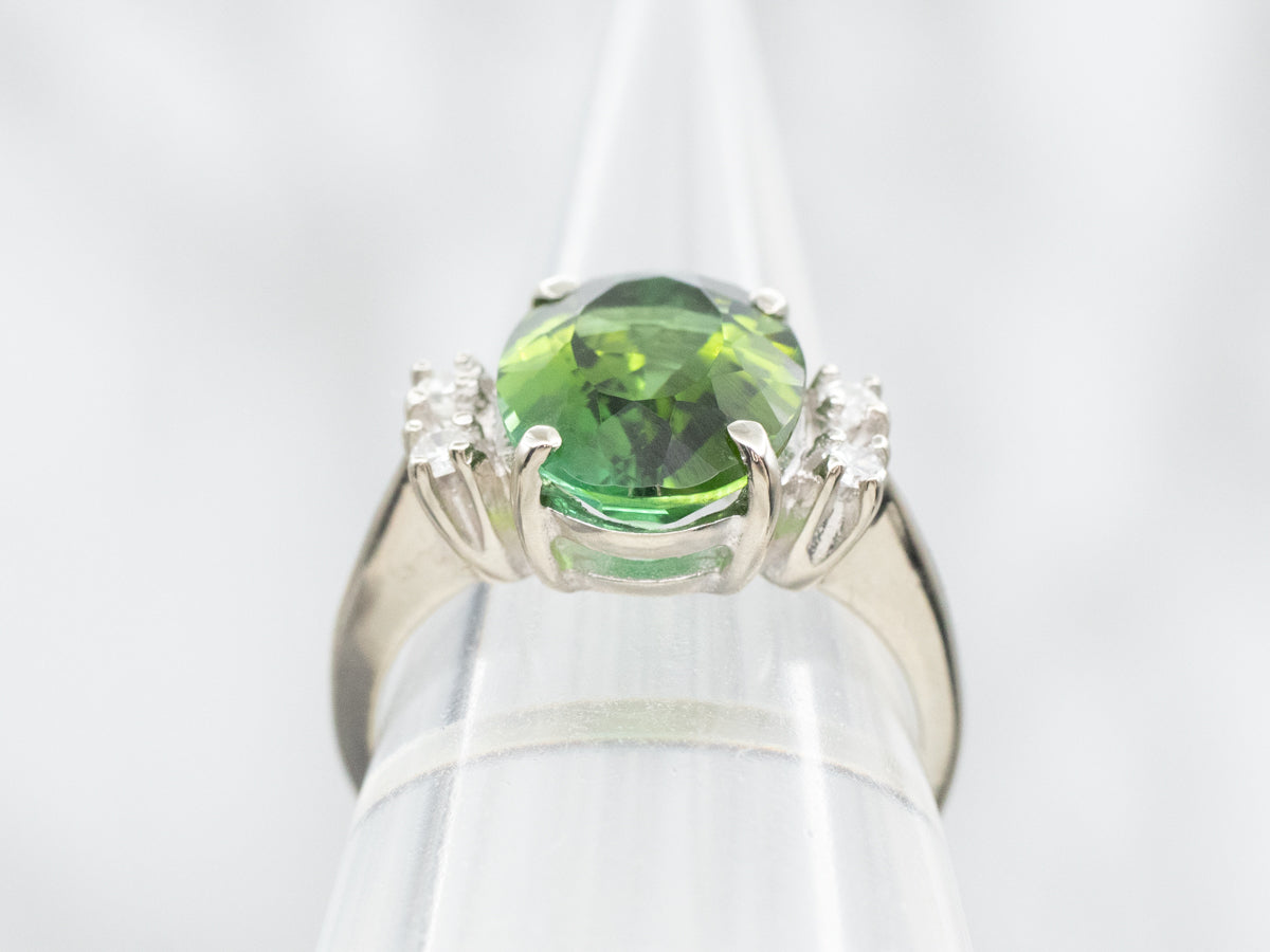 Green Tourmaline and Diamond Ring in White Gold