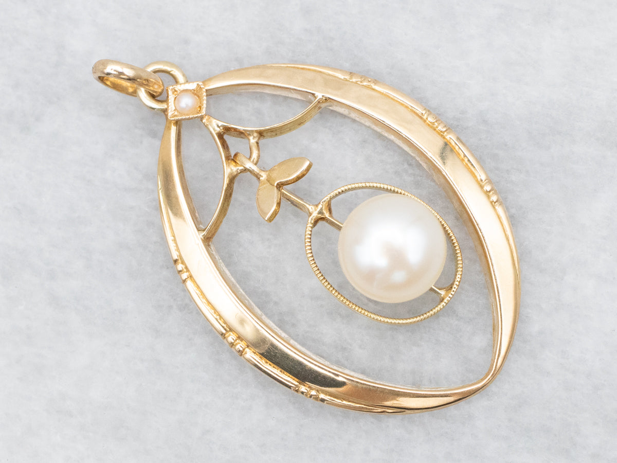 Vintage Seed Pearl and Gold Pendant with Swinging Pearl Center