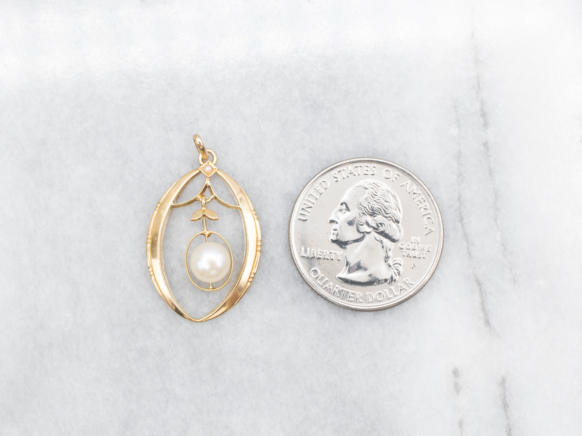 Vintage Seed Pearl and Gold Pendant with Swinging Pearl Center
