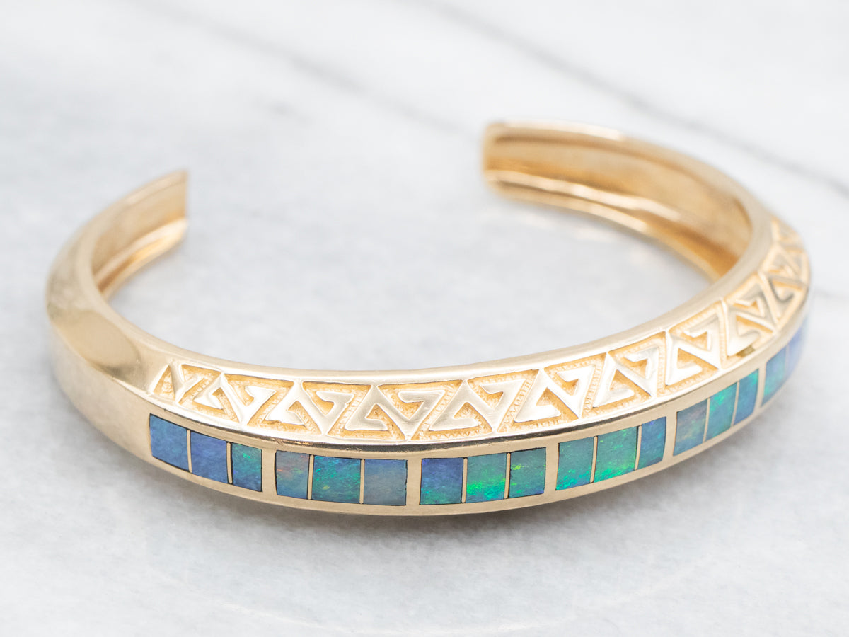 Stunning Yellow Gold Opal Inlay Cuff Bracelet