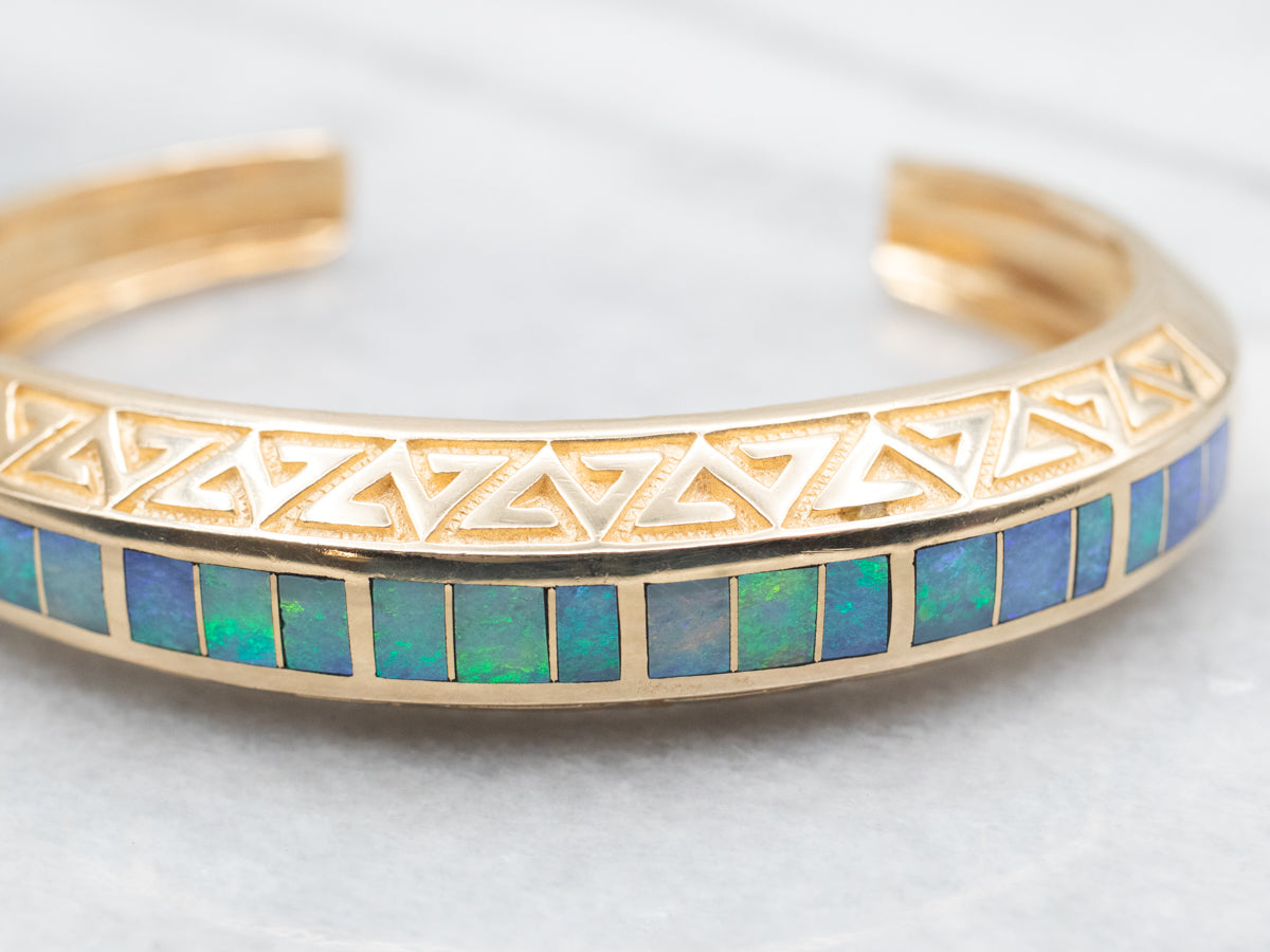 Stunning Yellow Gold Opal Inlay Cuff Bracelet
