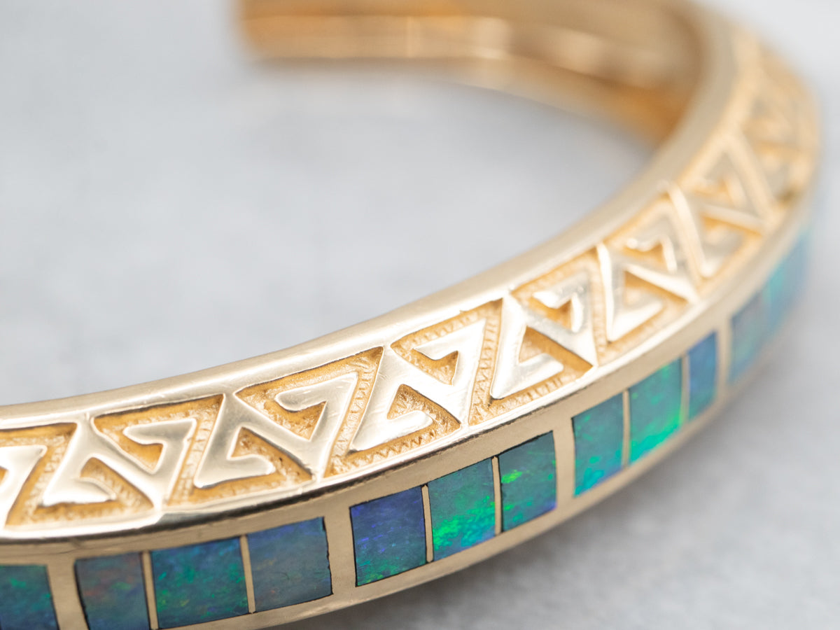 Stunning Yellow Gold Opal Inlay Cuff Bracelet