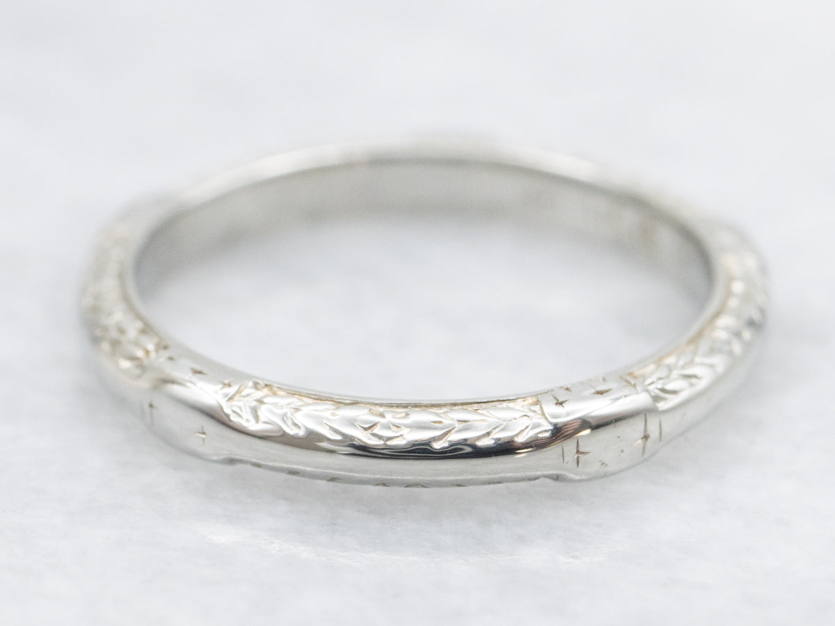 White Gold Etched Pattern Wedding Band