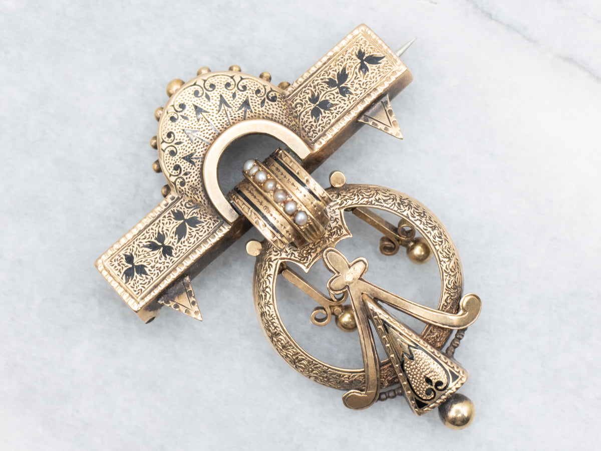 Victorian Gothic Enamel and Seed Pearl Brooch
