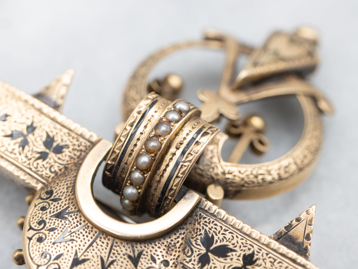 Victorian Gothic Enamel and Seed Pearl Brooch
