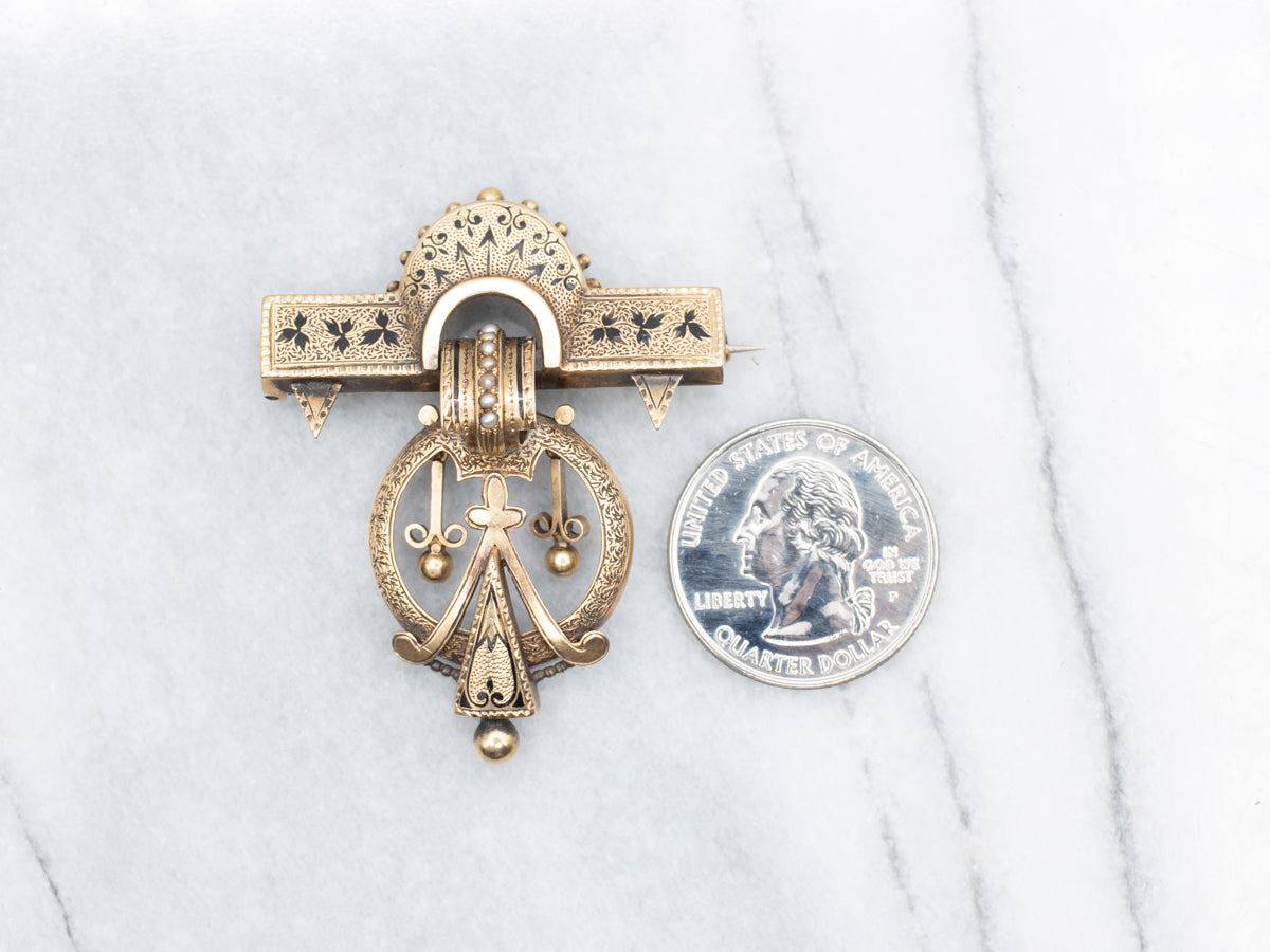 Victorian Gothic Enamel and Seed Pearl Brooch