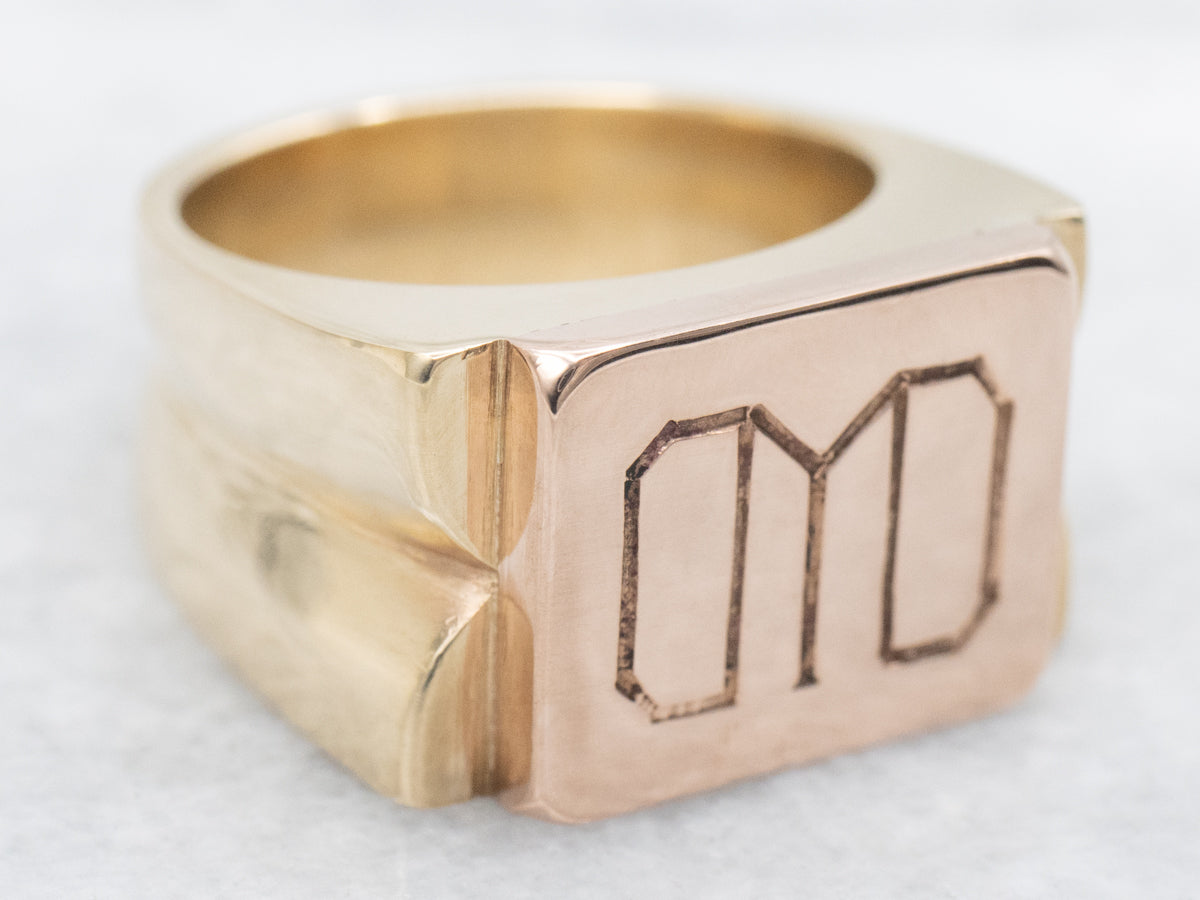 Bold Type Vintage Two Tone Gold Signet Ring
