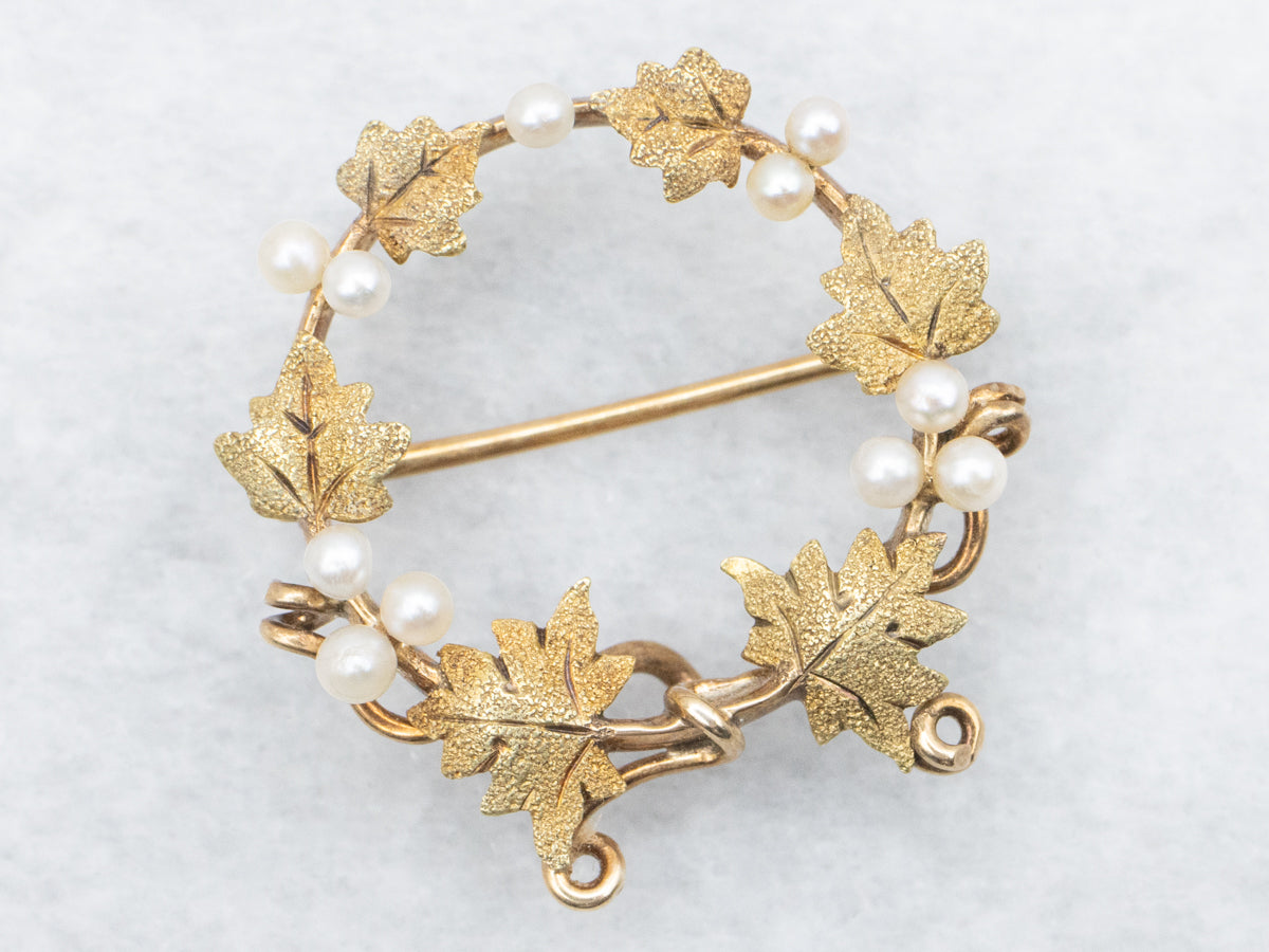 Art Nouveau Seed Pearl Grape Vine Circle Pin