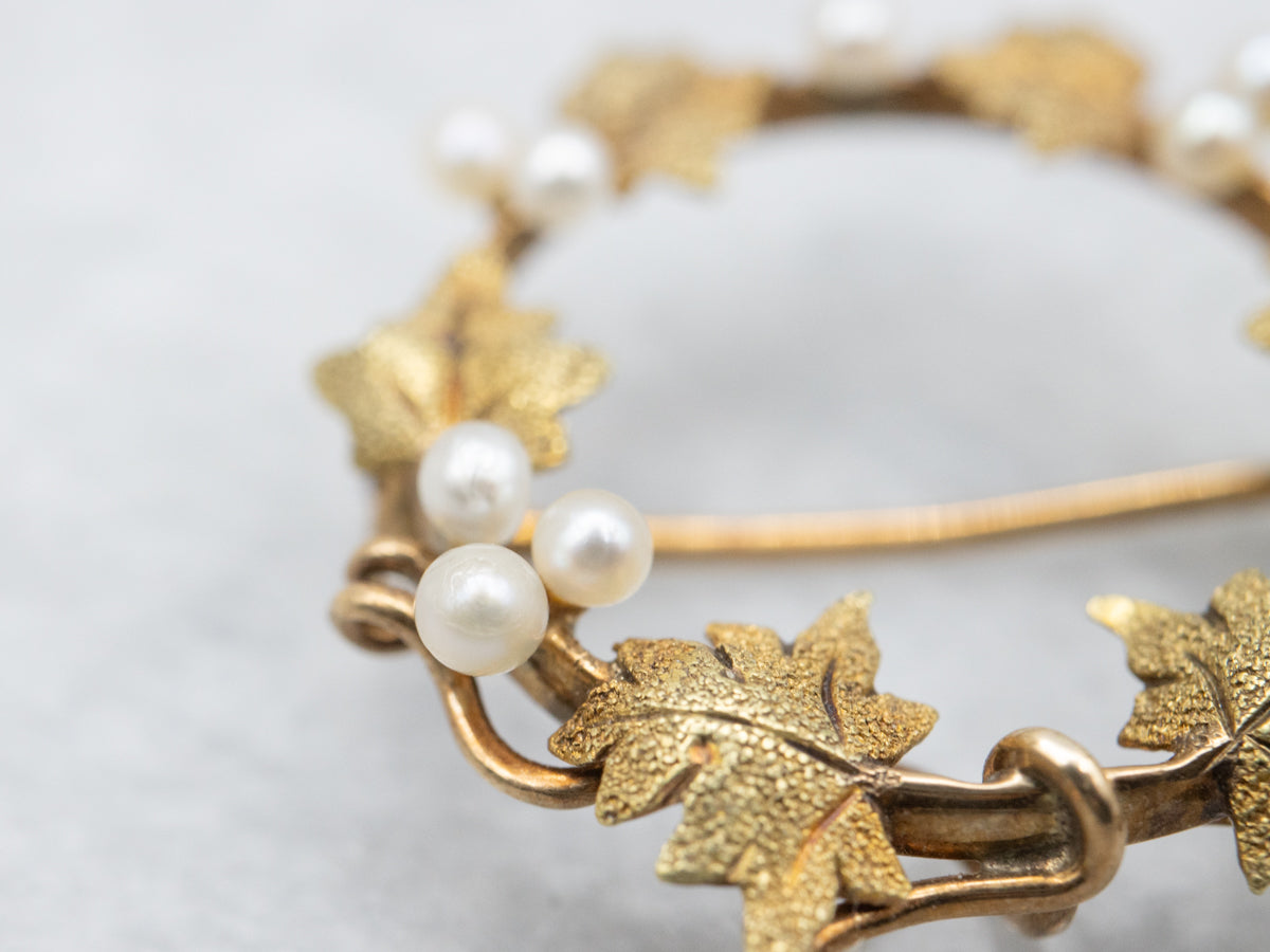 Art Nouveau Seed Pearl Grape Vine Circle Pin