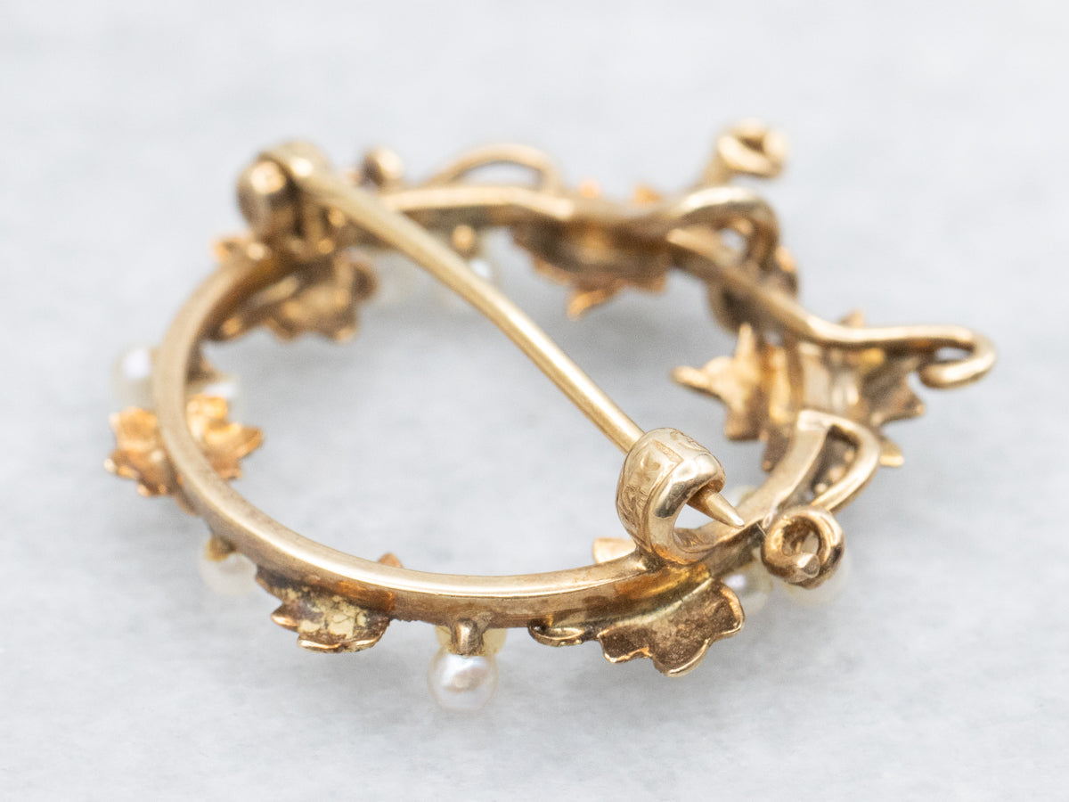 Art Nouveau Seed Pearl Grape Vine Circle Pin