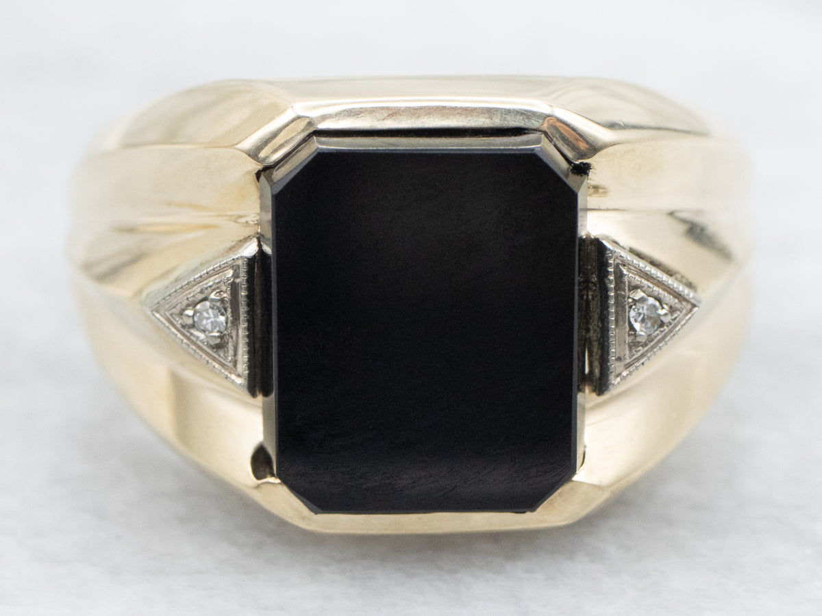 Mid-Century Men's Gold Onyx and Diamond Ring