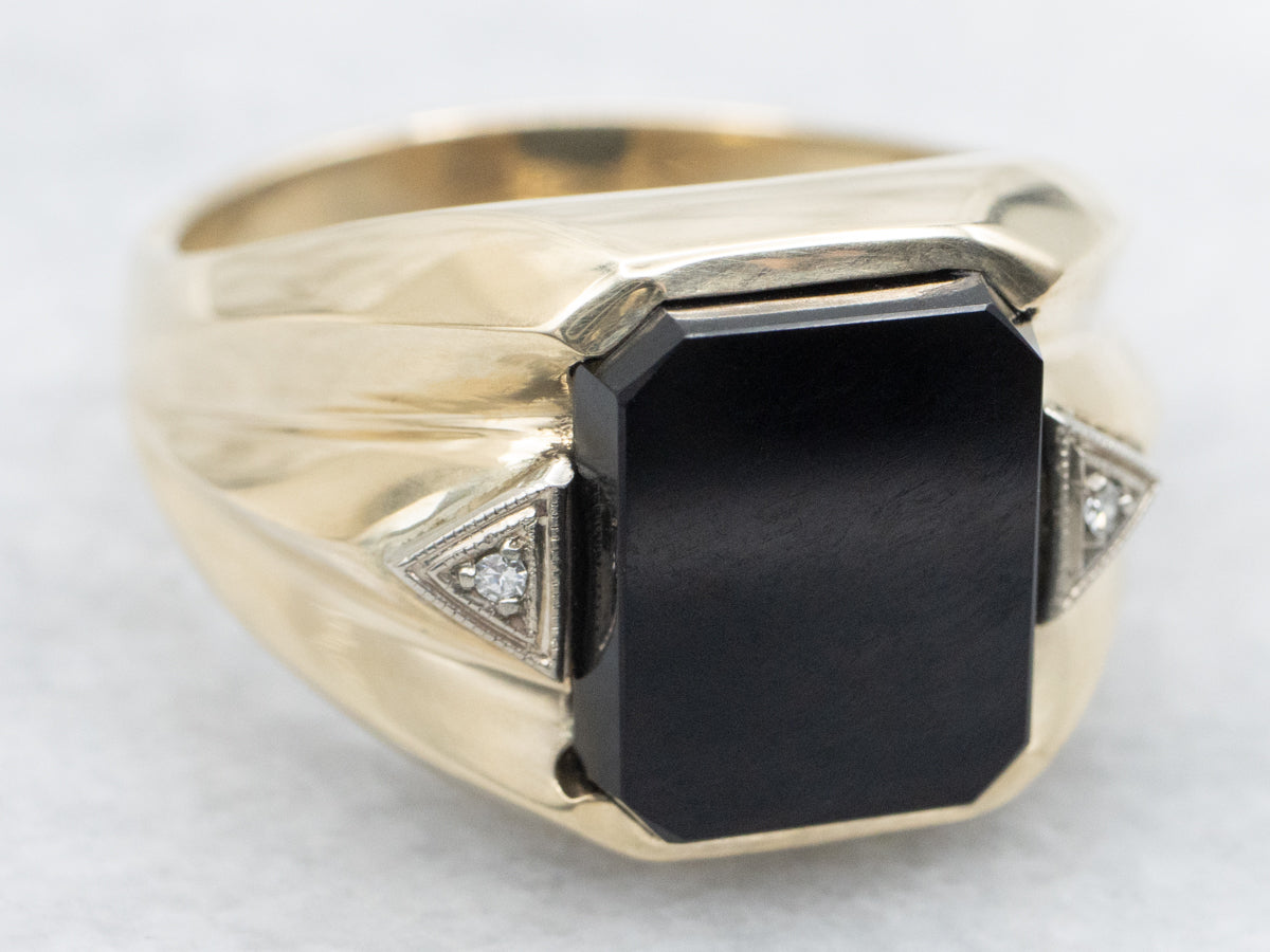Mid-Century Men's Gold Onyx and Diamond Ring