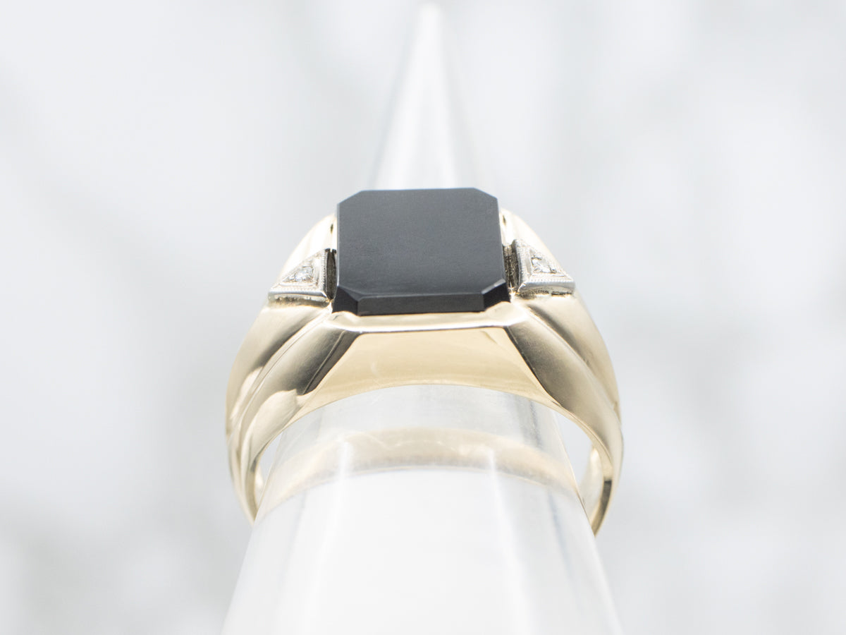 Mid-Century Men's Gold Onyx and Diamond Ring
