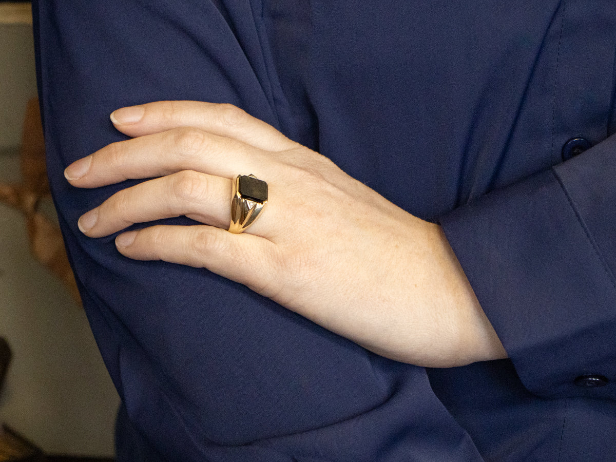 Mid-Century Men's Gold Onyx and Diamond Ring