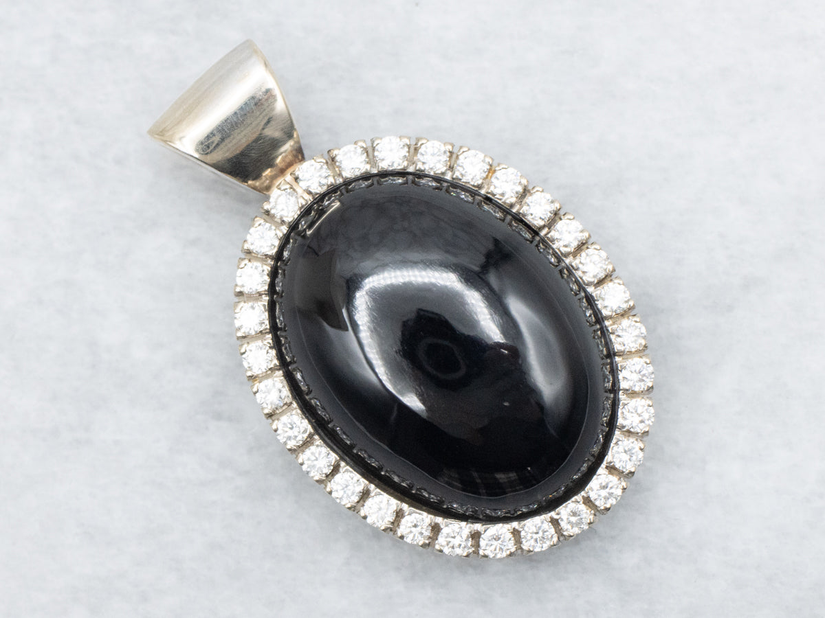 Gold Onyx and Diamond Halo Pendant