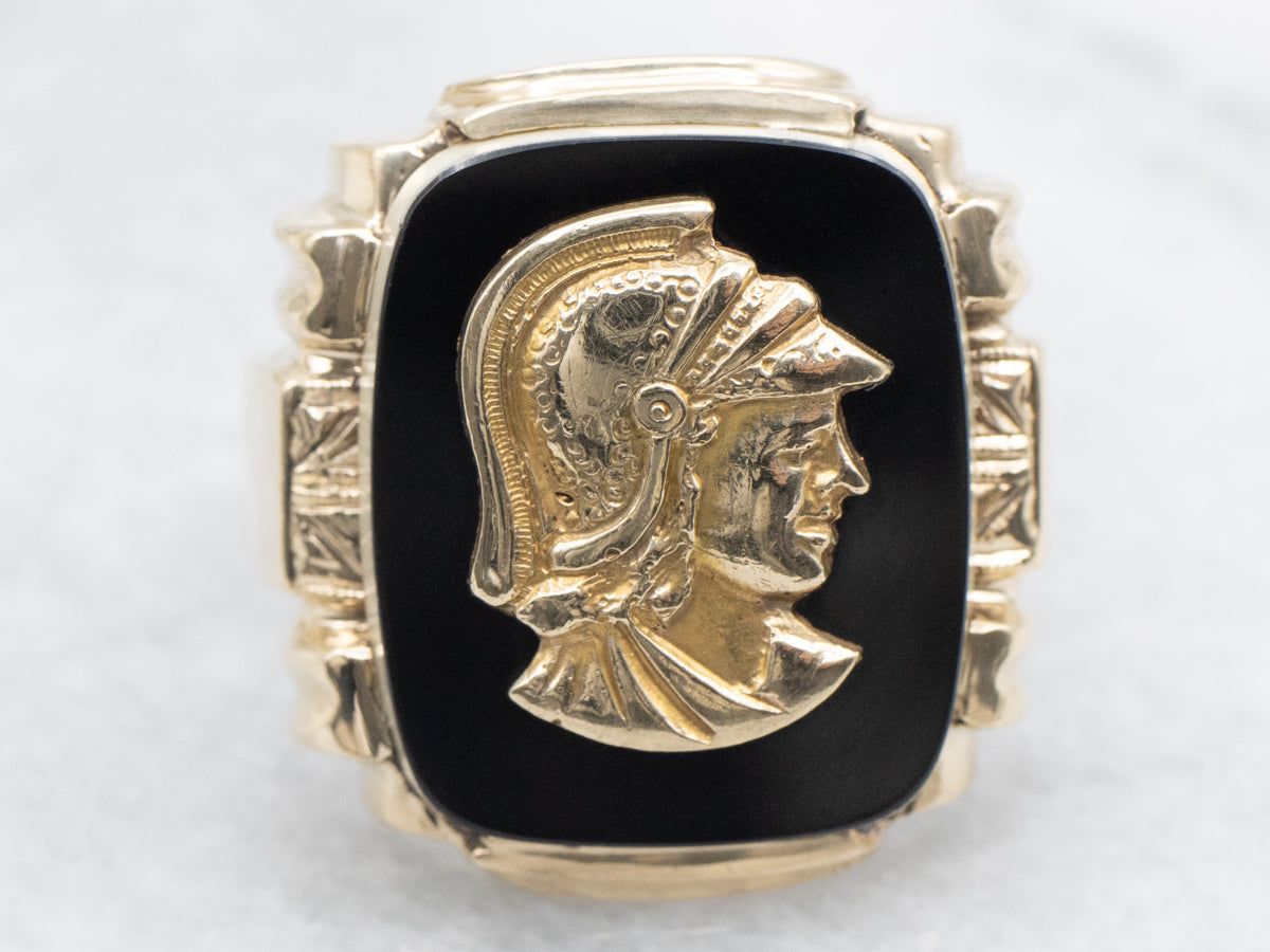 Men's Mid-Century Onyx Roman Solider Gold Cameo Ring