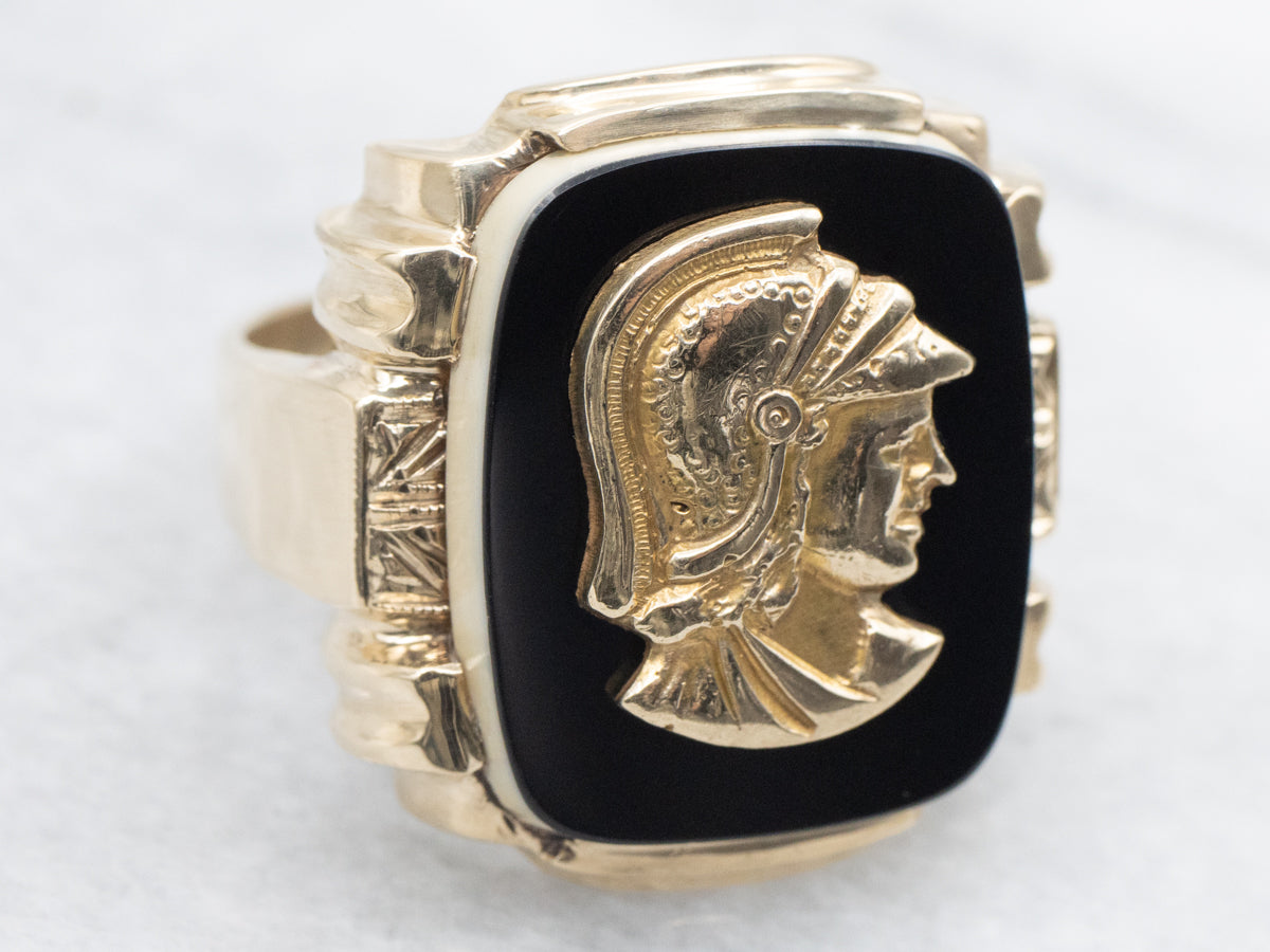 Men's Mid-Century Onyx Roman Solider Gold Cameo Ring
