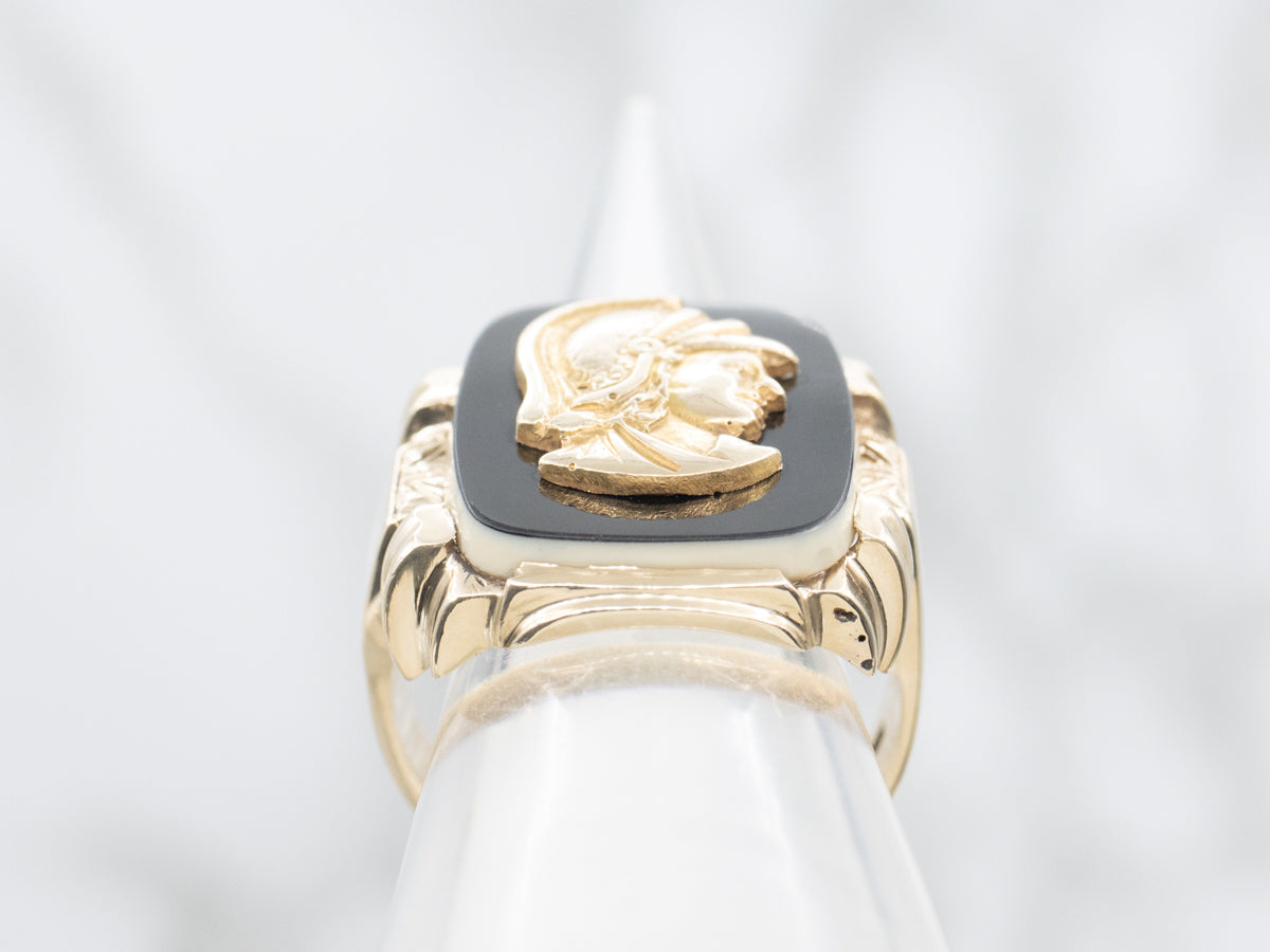 Men's Mid-Century Onyx Roman Solider Gold Cameo Ring