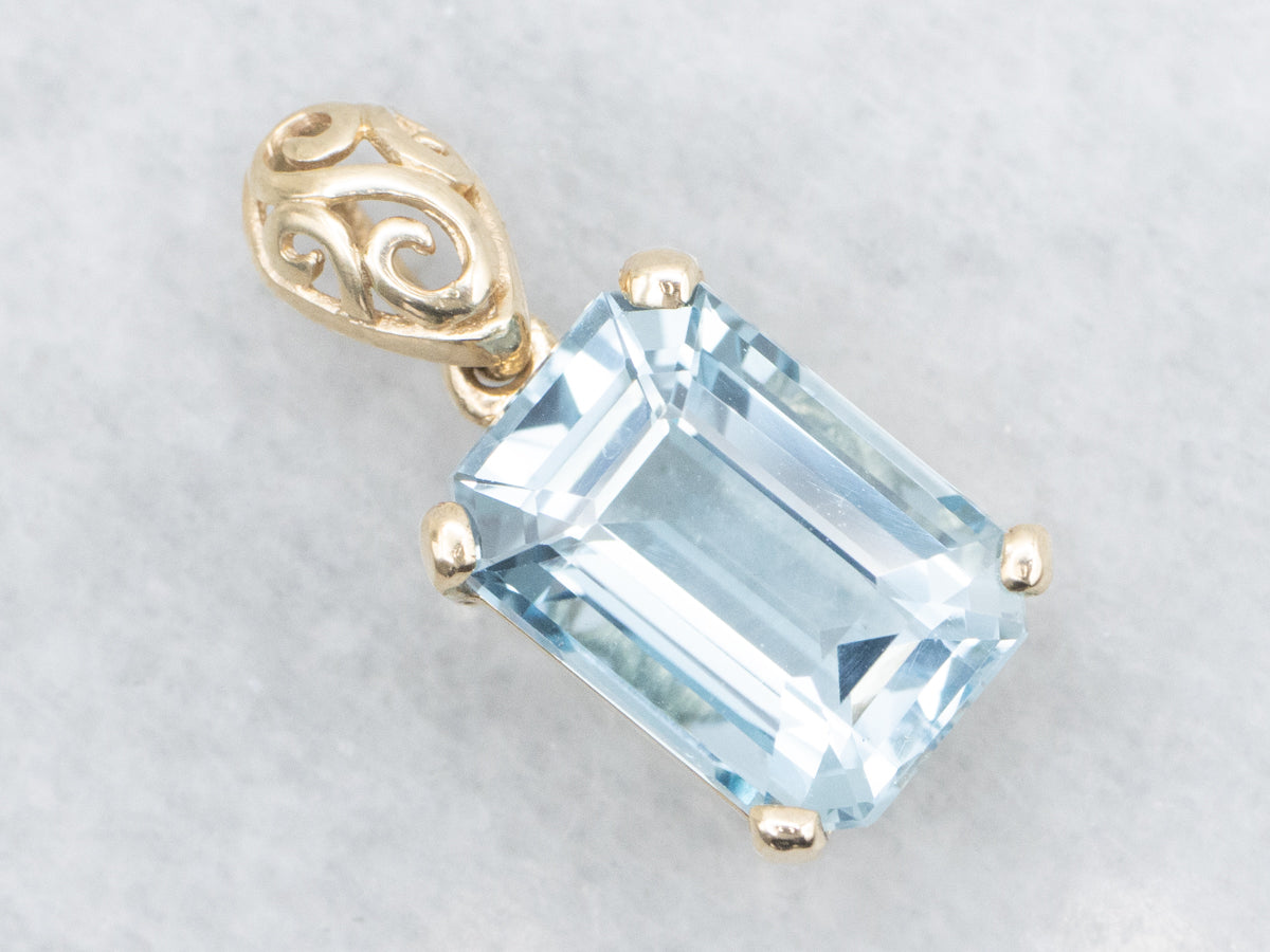 Gold Blue Topaz Pendant with Filigree Bail
