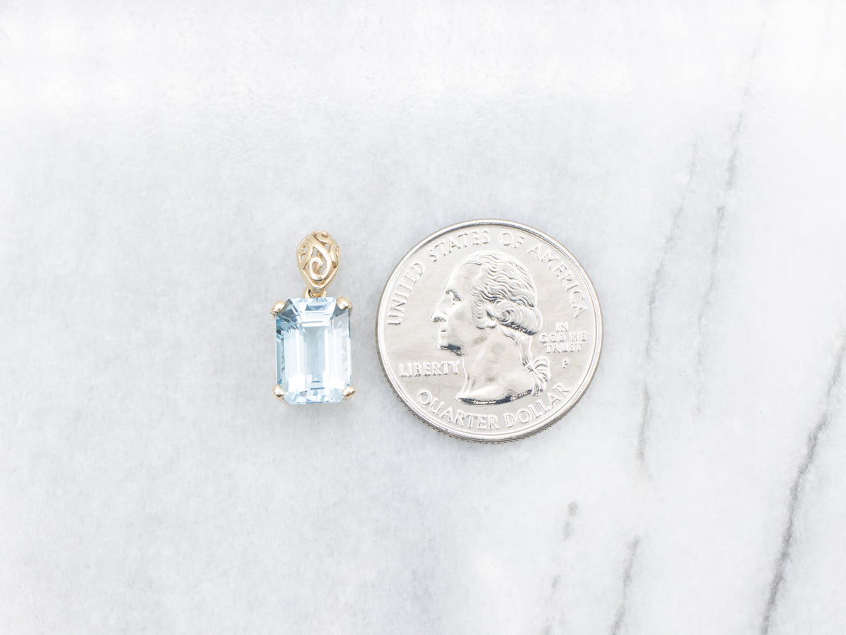Gold Blue Topaz Pendant with Filigree Bail