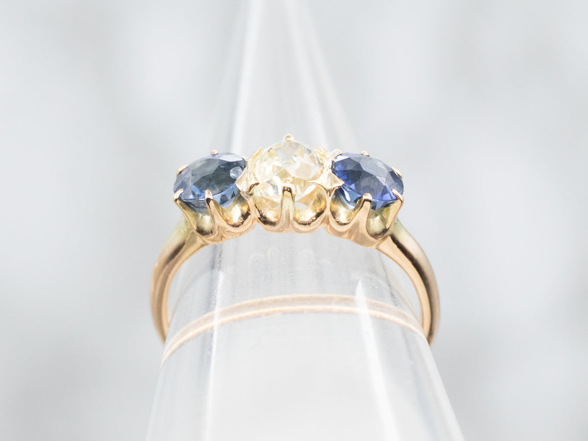 Old Mine Cut Diamond and Sapphire Three Stone Ring