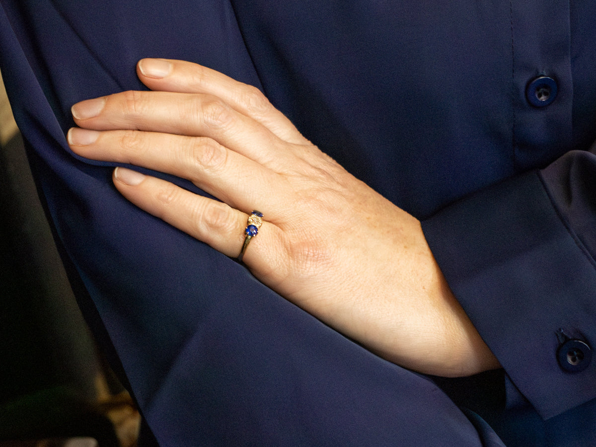 Old Mine Cut Diamond and Sapphire Three Stone Ring
