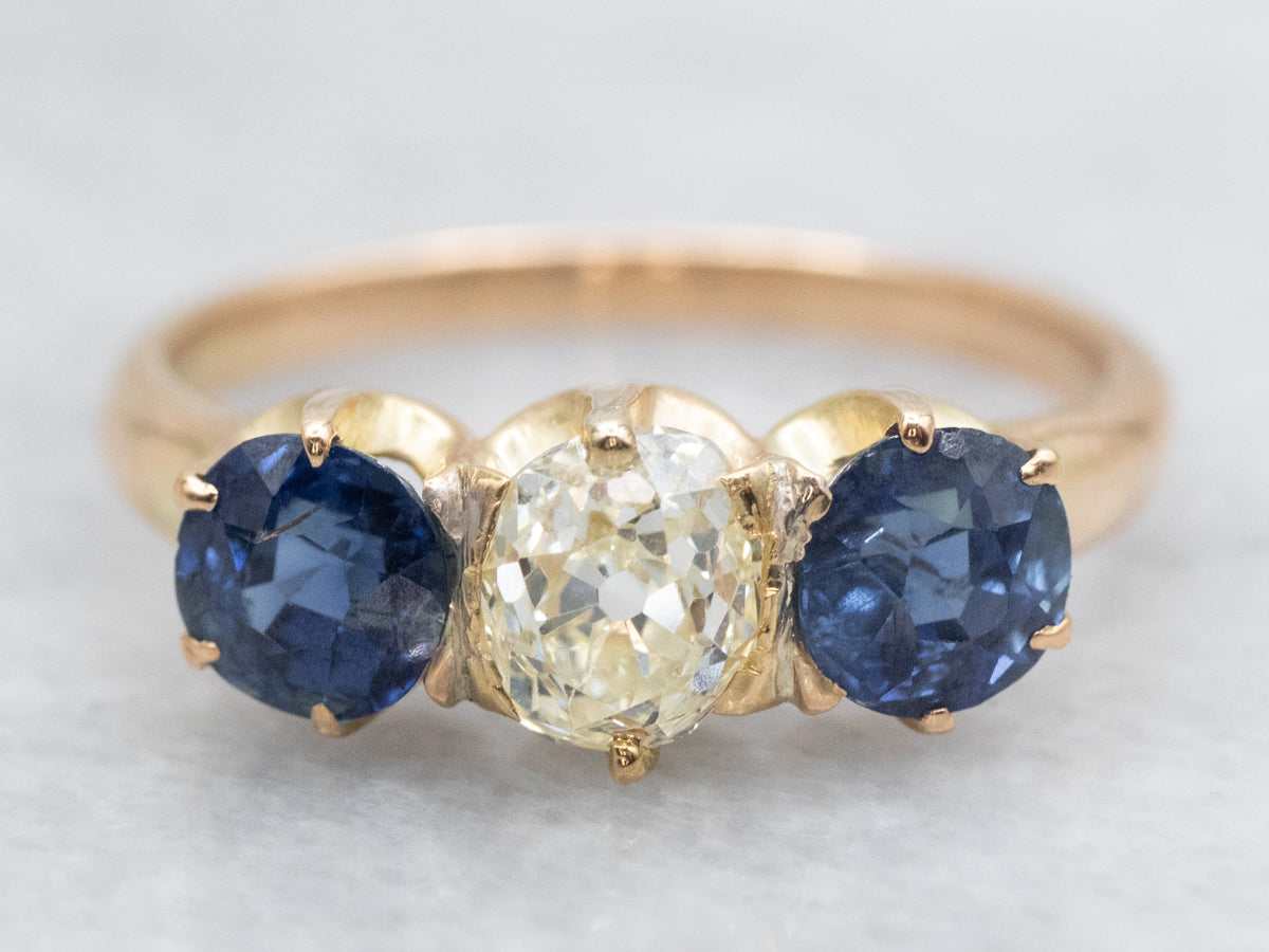 Old Mine Cut Diamond and Sapphire Three Stone Ring