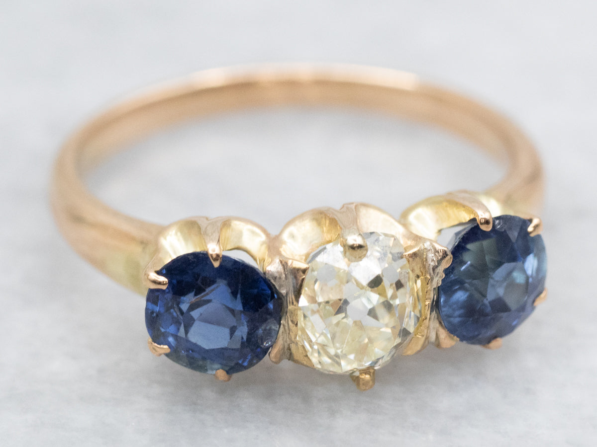 Old Mine Cut Diamond and Sapphire Three Stone Ring
